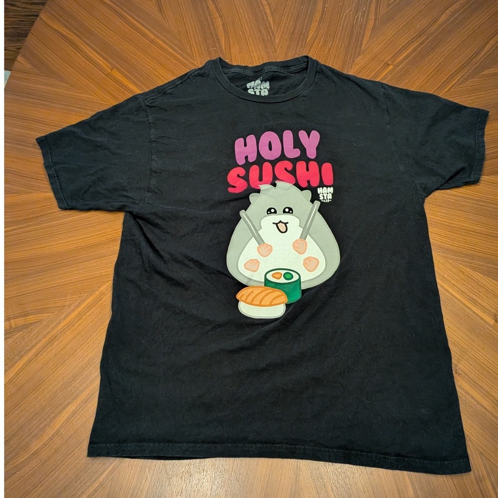 Hamsta World T-Shirt Men Large Black Excellent Holy Sushi Hamster Graphic Tee